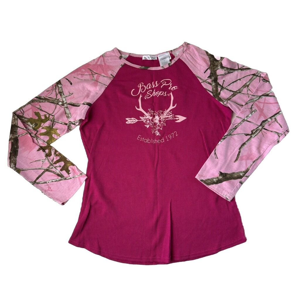 Bass Pro Shops Shirt Womens Pink Tree Logo Waffle Knit  Long Sleeve Tee Medium